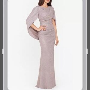 BETSY & ADAM V-back Glitter Knit Drape Back Cape Sleeve Gown in WHITE/PINK/GOLD